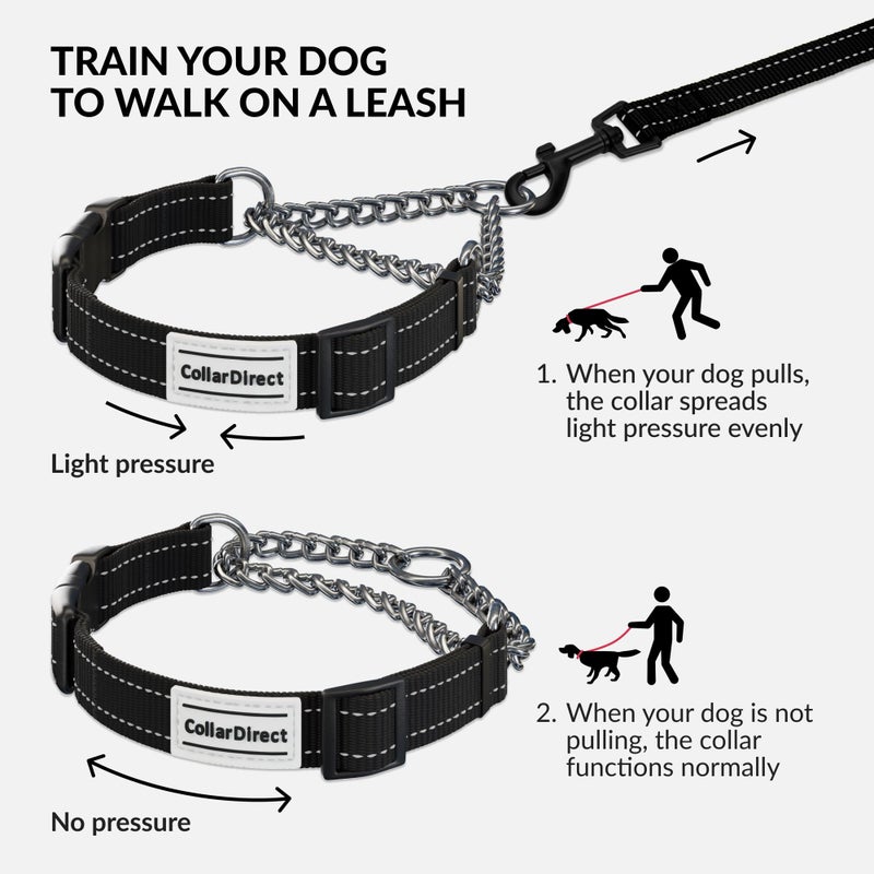 CollarDirect Martingale Dog Collar with Stainless Steel Chain and Quick Release Buckle - Reflective Collar for Large, Medium, Small Dogs - Black, Large (Neck Size 17"-22") - Image 2